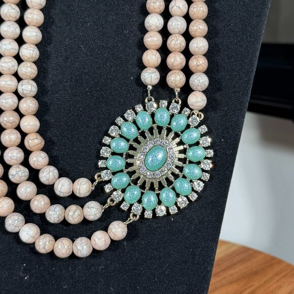 Statement Multi-Strand Beaded Necklace with Turquoise & Rhinestone Pendant - Picture 2 of 6